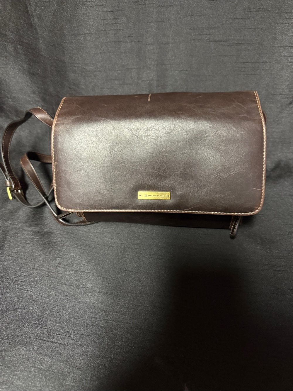 Liz Claiborne Dark Brown Leather Crossbody with Gold Plaque